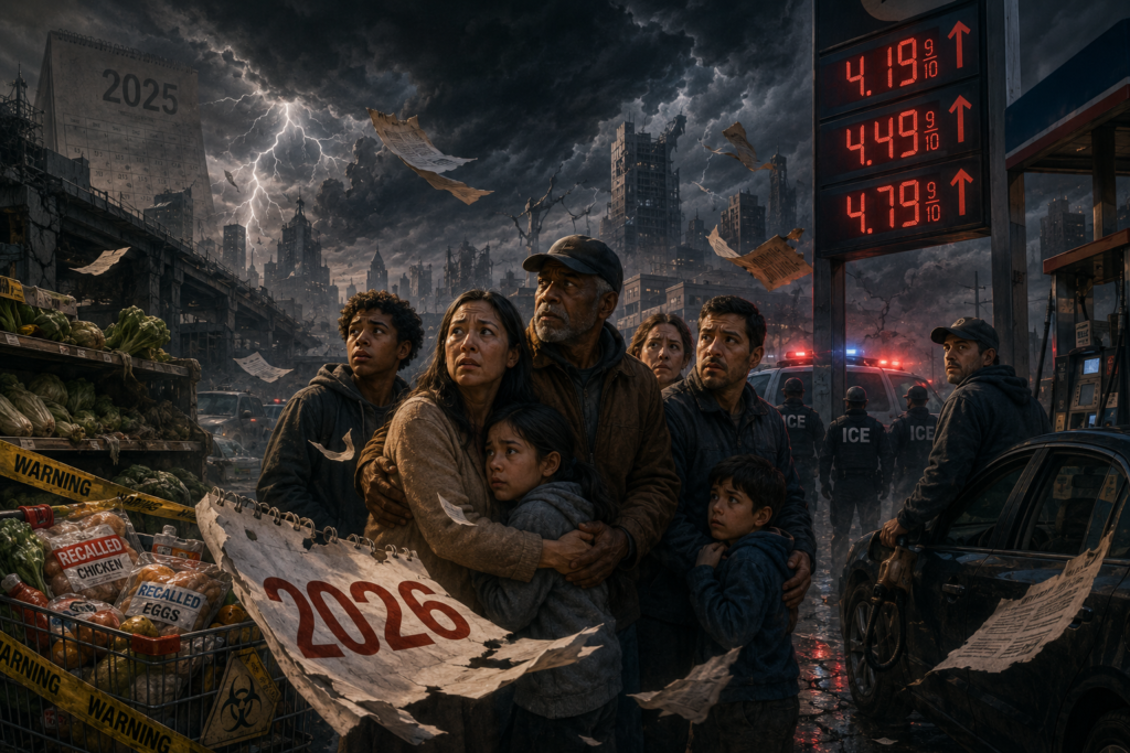 a dark editorial image showing 2026 as a gathering storm: contaminated and recalled food, climbing gasoline prices, frightened families, and the threatening presence of ICE