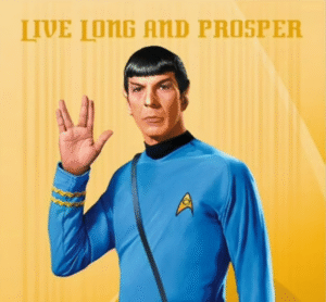 Mr. Spock from Star Trek using hand signal, live long and prosper