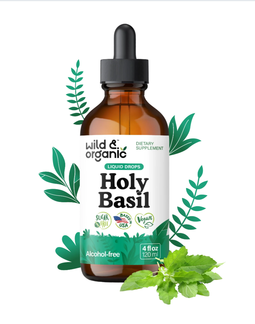Alcohol-free picture of wild and organic bottle of holy basil leaf tincture