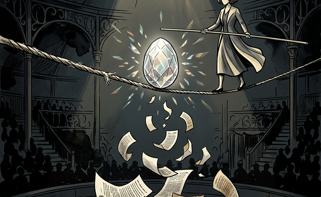 Performer balancing on a rope above scattered papers and a glowing gemstone
