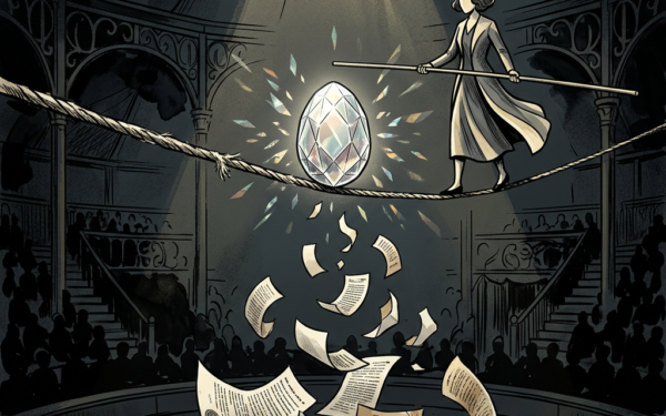 Performer balancing on a rope above scattered papers and a glowing gemstone